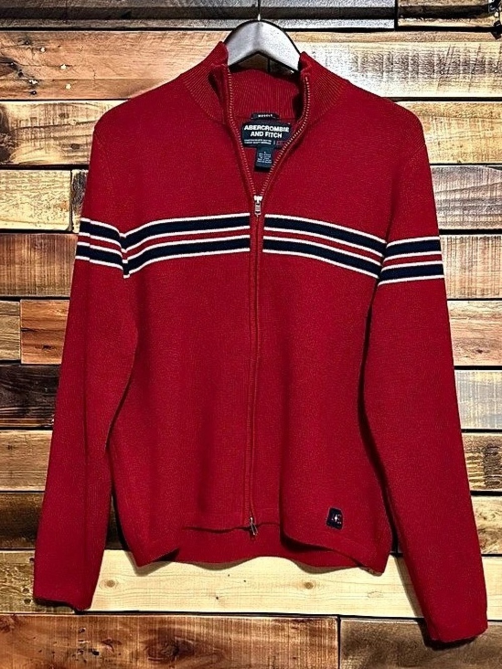 Abercrombie & Fitch Vintage 90s Y2K Muscle Knit Zipper Sweater Red Striped Large